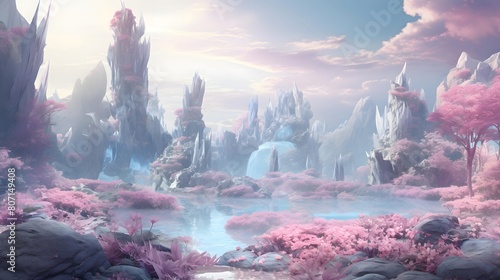 Fantasy alien planet. Mountain and lake. 3D illustration. #807149408