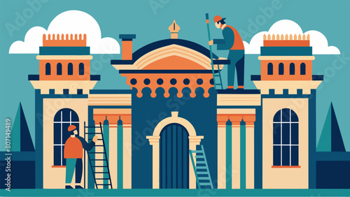 The intricate process of recreating missing sections of a historic façades intricate cornices and moldings by skilled craftsmen.. Vector illustration