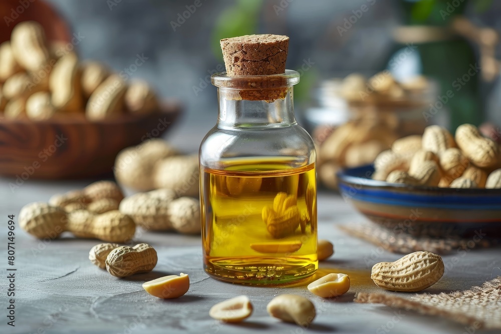 peanut oil in bottle with peanuts in bowl peanut oil in bottle with peanuts in bowl
