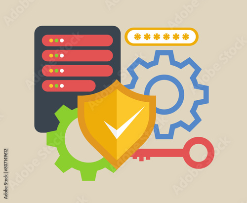Server security, protection, and maintenance represent a flat illustration