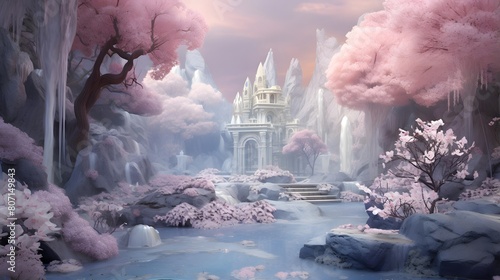 Fantasy landscape with a waterfall and a temple, 3d illustration photo
