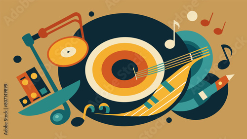 An abstract design incorporating musical notes and a vinyl record announcing a night filled with the sounds of jazz at the local bar. Vector illustration