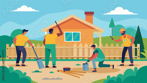 In the backyard a few carpenters nail in posts for a deck that will extend off the back of the house.. Vector illustration