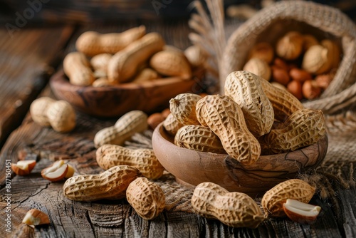 Peanuts on wood background nutritious seed for oil and butter ideal for health and diet with condiments and dried fruit