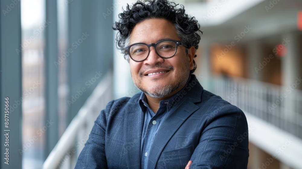 A person with a smiling face and crossed arms is situated in front of a building in this close-up image A person with a smiling face and crossed arms is situated in front of a building in this close-up image