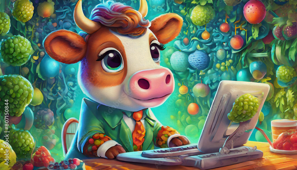Fototapeta premium OIL PAINTING STYLE CARTOON CHARACTER cute cow Inventor Works on a Complex Machine,