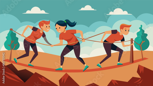 A team of exhausted but determined runners helping each other through a tangled web of ropes their teamwork and strength essential for overcoming the. Vector illustration