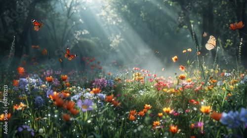 A field of flowers with butterflies flying around. The butterflies are of different colors and sizes. The scene is peaceful and serene, with the sun shining brightly on the flowers and butterflies © Dumrongkait