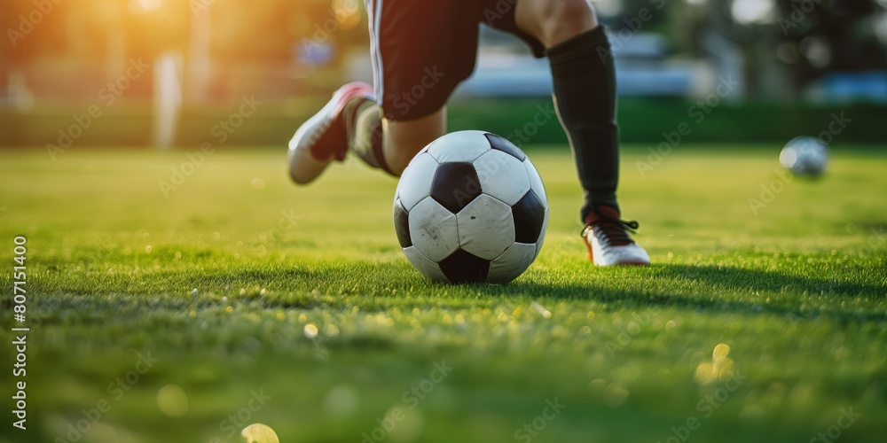 A focused scene of a soccer ball on grass with a player in motion, as the sun sets, capturing the passion and dedication of the sport