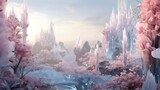Fantasy winter landscape with frozen lake and forest. 3d rendering