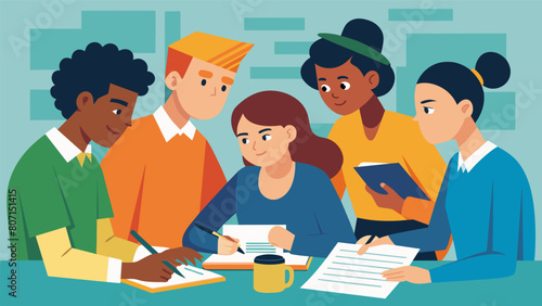 A group of students at a lowincome high school work together to fill out their financial aid forms during an afterschool program grateful for the. Vector illustration