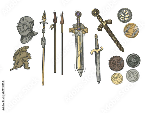 knights history helmet spear sword tarot occultism magic spiritualism symbols graphics drawn on a white background by hand glasses dishes glasses