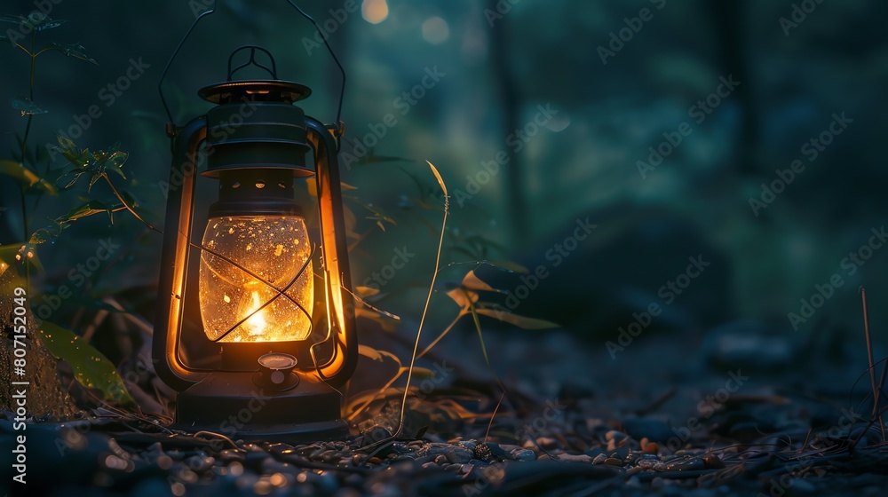 A lantern sits on the ground in a dark forest. The lantern is lit, and its light casts a warm glow on the surrounding area.