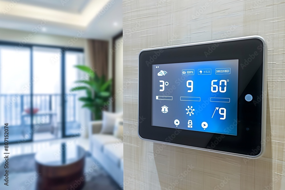 a sleek, modern smart home thermostat mounted on a light wall with intuitive touch interface a sleek, modern smart home thermostat mounted on a light wall with intuitive touch interface