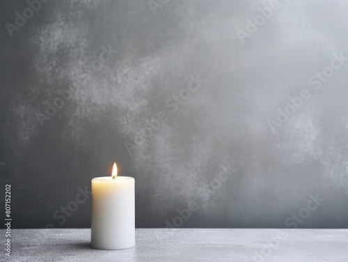 Silver background with white thin wax candle with a small lit flame for funeral grief death dead sad emotion with copy space texture for display products