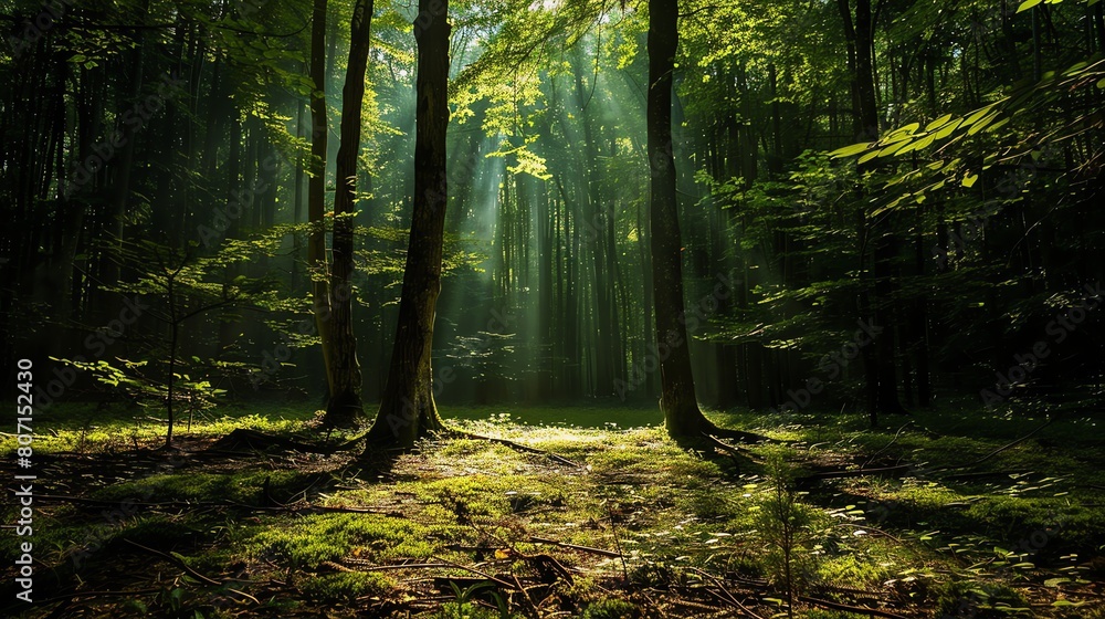 Obraz premium The sun shines through the tall trees in the forest. The green leaves of the trees are lush and full.