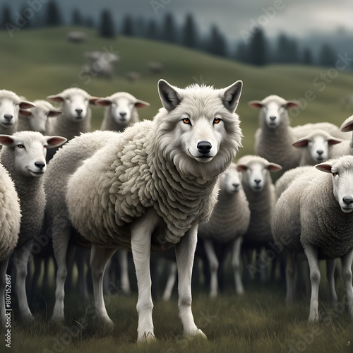 Wolf with behave of sheep in the crowed of sheep's  photo