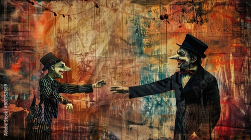 A puppeteer with his puppet  collage art.