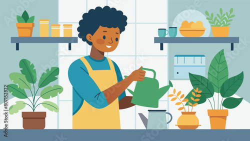 A person sitting in their kitchen happily chatting to their indoor plants as they water them with a watering can..