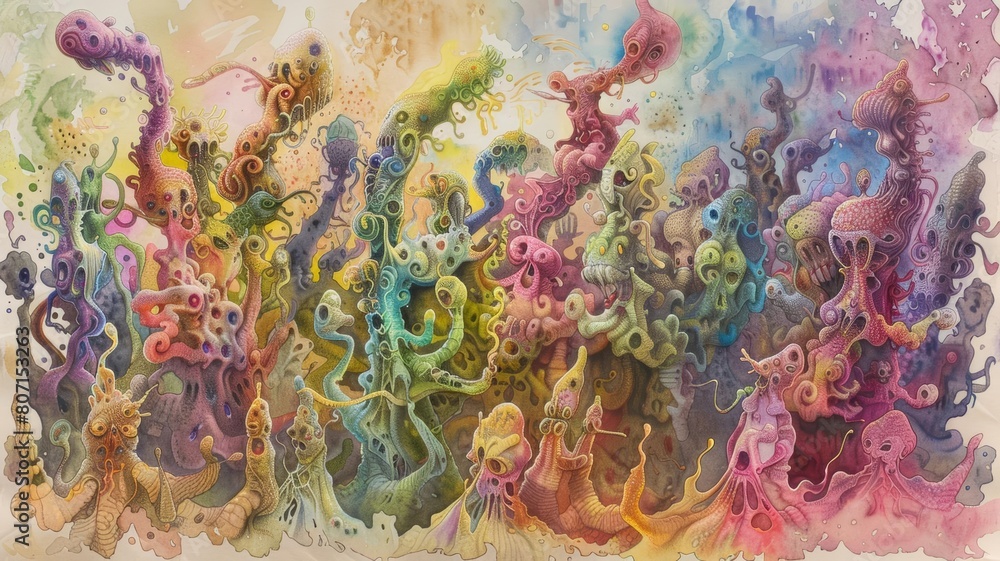 Emergence of hierarchical structures among gnomelike Homo sapiens, depicted in watercolor showing a vibrant gathering with subtle power dynamics