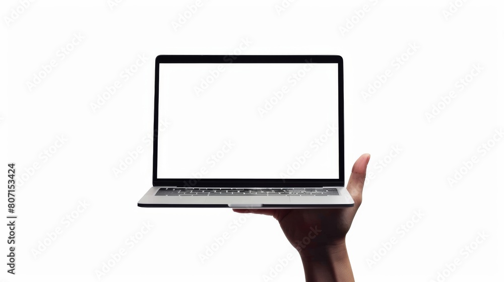 It is a mockup of a laptop with a white screen. The hand is holding a laptop. It is a mockup of a laptop with a white screen. The hand is holding a laptop.