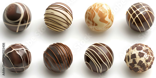 8 chocolate truffles in different shapes and sizes on a white background