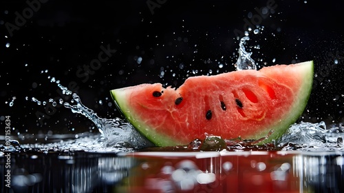 Watermelon with water splash isolated on black background. Fresh fruit. juicy Watermelon Splash. Refreshing Watermelon on Black