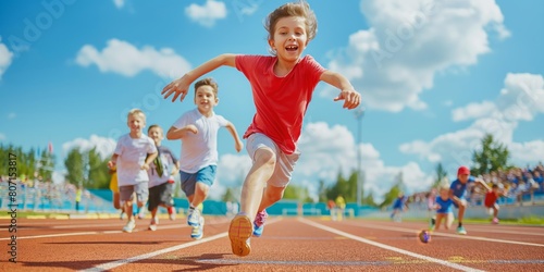 Energetic kids competing in a running race on a sunny day at a track field