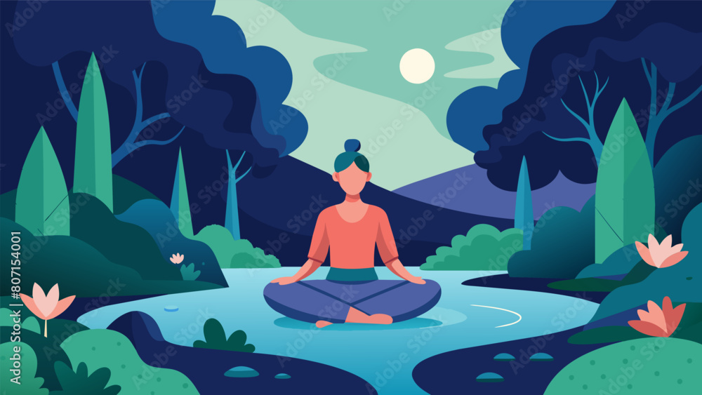 In the midst of a peaceful garden a person meditates alongside a small stream fully present and connected to the sounds of nature.. Vector illustration