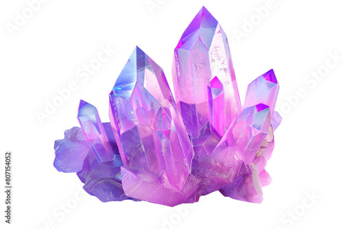 A large purple crystal formation sits on a white background, science fiction, isolate on white background.