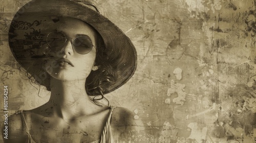A woman with a stylish hat and sunglasses poses against a vintage, grunge background