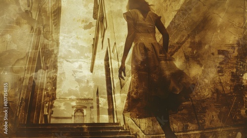 A woman in a dress gracefully climbs a staircase