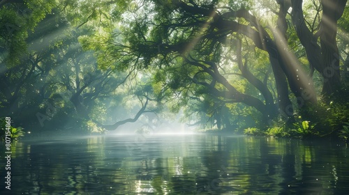 A forest with a river running through it. The water is calm and the sun is shining through the trees © Dumrongkait