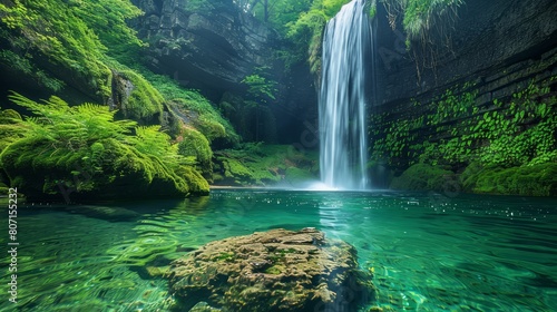 A waterfall is surrounded by lush green trees and a rock. The water is crystal clear and the scene is serene and peaceful