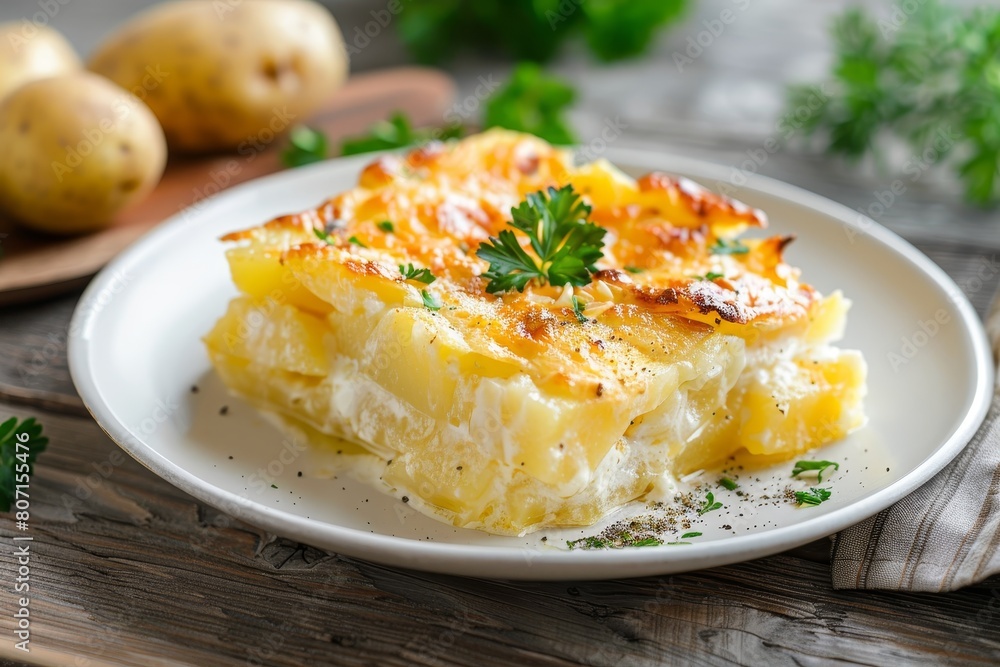 Potato gratin with creamy cheese and parsley on a white plate Potato gratin with creamy cheese and parsley on a white plate