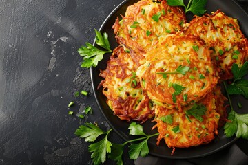 Potato latkes on black plate top down view