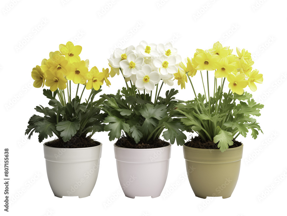 a group of yellow and white flowers in pots