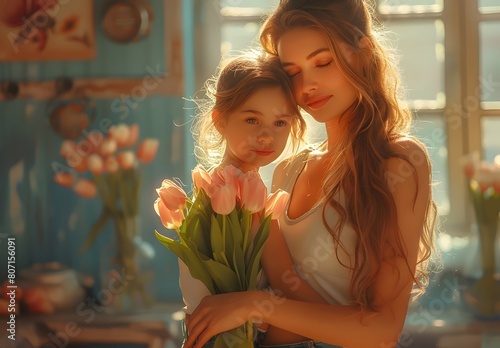 child daughter congratulates mother and gives a bouquet of flowers