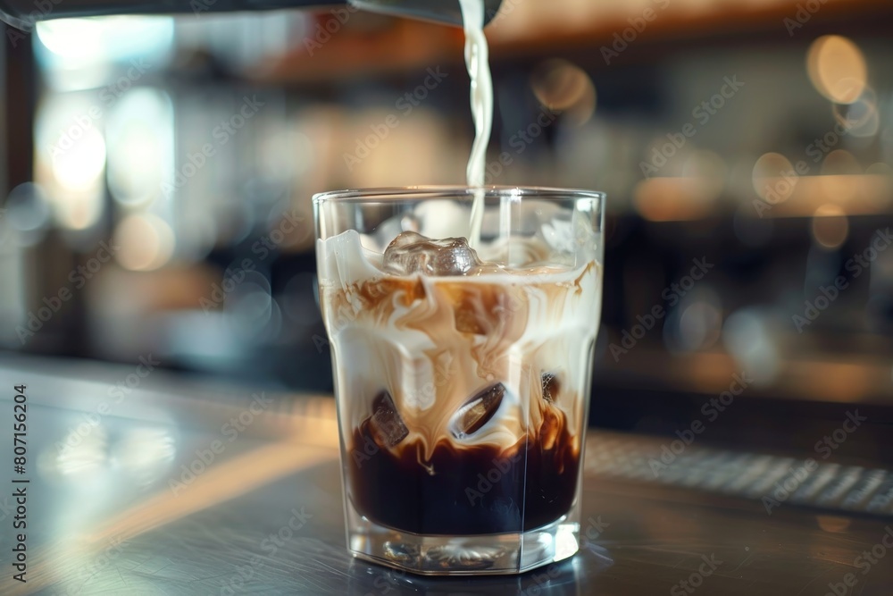 Pouring milk into cold coffee Pouring milk into cold coffee