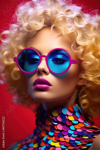 a model with blonde hair and glasses is wearing a colorful pair of sunglasses.