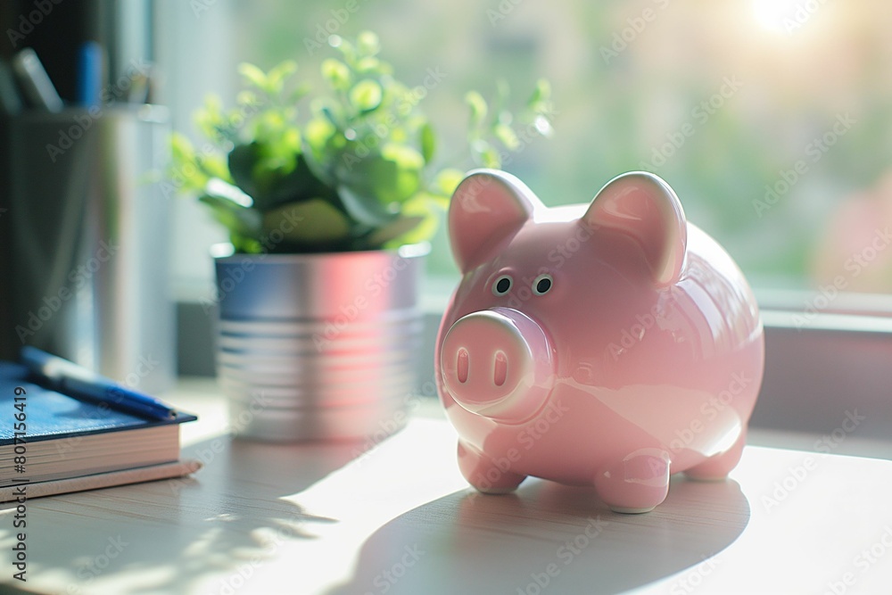 Sunlit Piggy Bank on Desk Indicating Savings and Financial Planning Sunlit Piggy Bank on Desk Indicating Savings and Financial Planning
