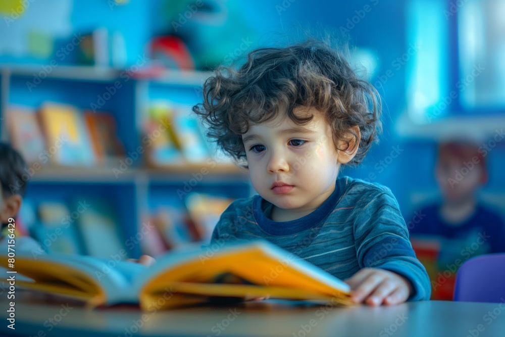 Curly-haired Toddler Focused on Reading a Picture Book in Classroom Curly-haired Toddler Focused on Reading a Picture Book in Classroom