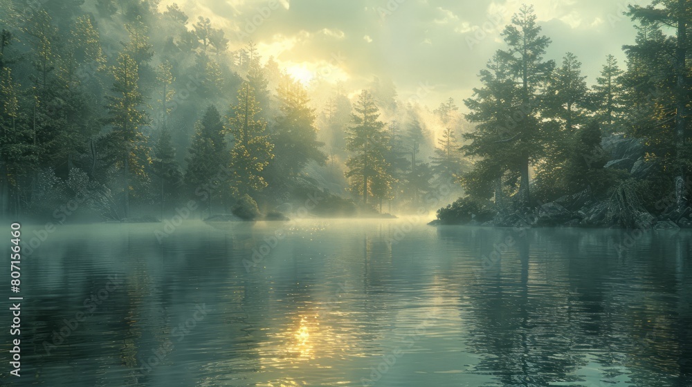 A serene lake with a forest in the background. The water is calm and the sun is shining through the trees A serene lake with a forest in the background. The water is calm and the sun is shining through the trees