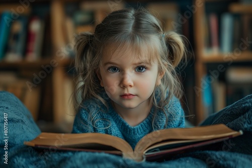 Young Girl Reading a Book in Cozy Living Room, Deep in Thought
