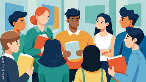In a crowded room a group of students gather to discuss the controversial topic of tuition fees.. Vector illustration