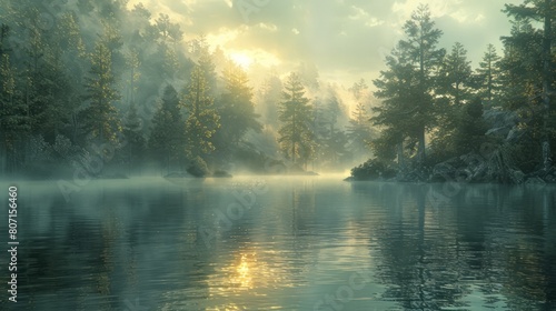 A serene lake with a forest in the background. The water is calm and the sun is shining through the trees
