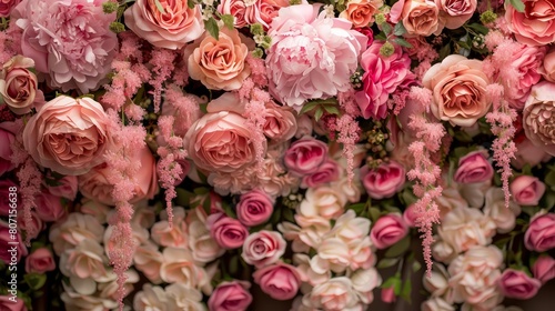 A bouquet of pink flowers with a pink ribbon. The flowers are arranged in a way that they look like they are hanging from the ceiling. Scene is one of elegance and sophistication