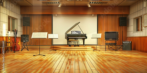Music Room Floor: Featuring musical instruments, sheet music stands, a piano, and audio equipment for music classes. photo
