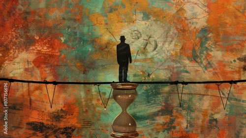 It is a collage of a man balancing between an hourglass and a tightrope. photo