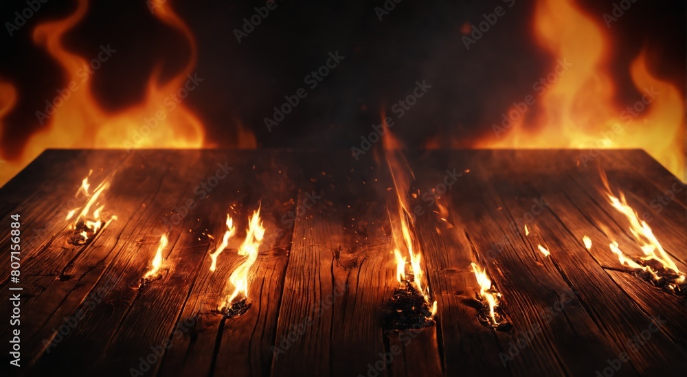 empty table with fire flames backdrop